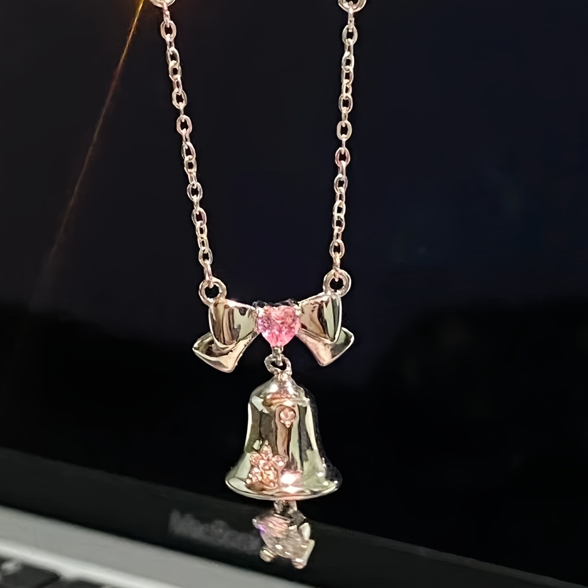 Women's Rose Flower Necklace with Bell and Bow Pendant